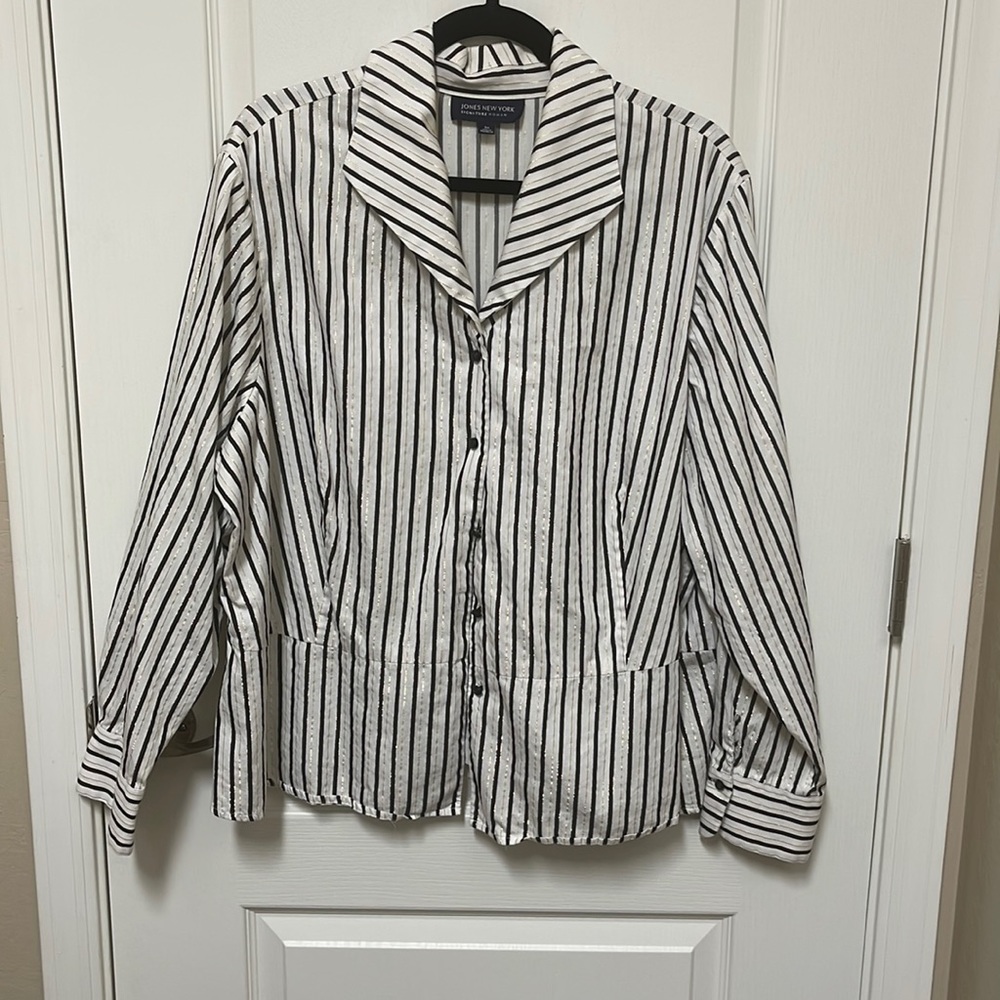Jones New York Womens White Black Long peplum Sleeve Button Front Size 3X
